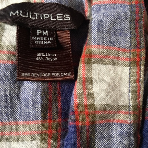 🐦 Multiples sz M Linen Blend Embroidered Plaid Button Down Shirt - Picture 7 of 7